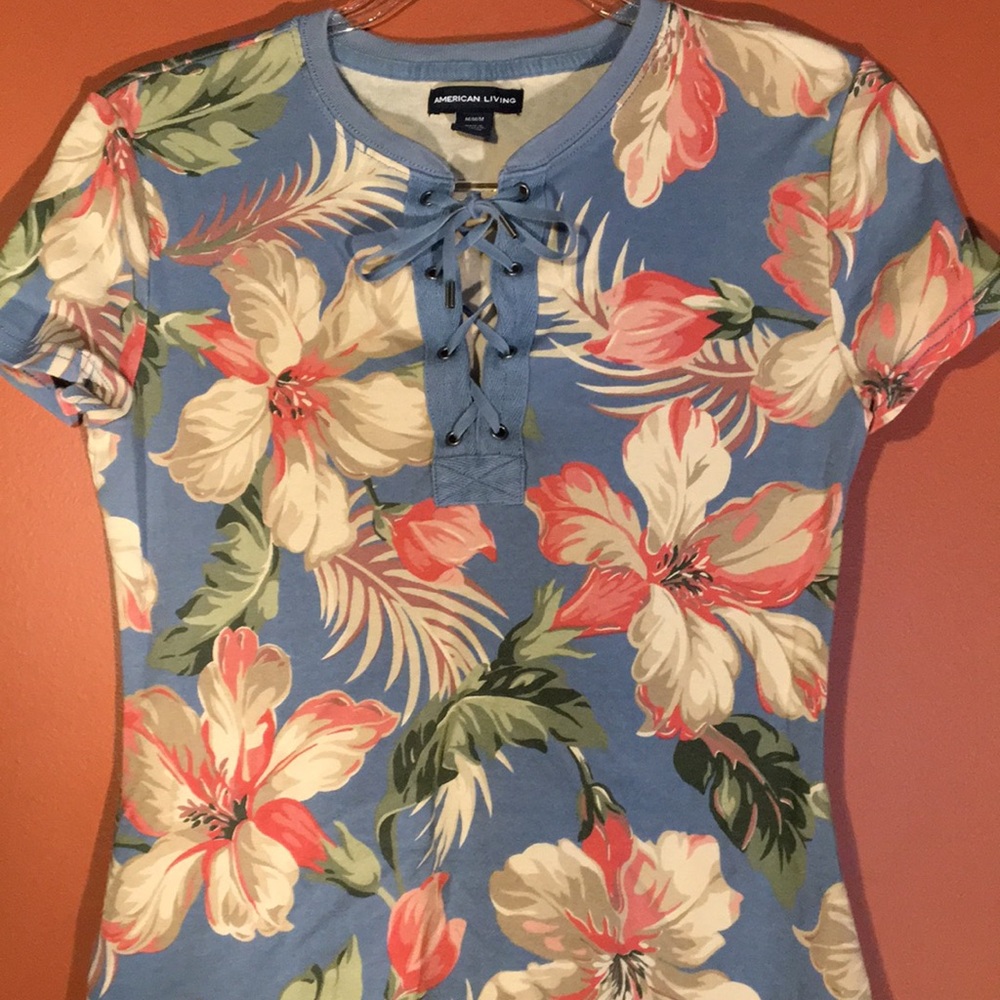 American Living Tropical Floral Blue Tee Shirt Dress Lace Up Front Short Sleeve - Picture 17 of 17